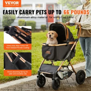 VEVOR Pet Stroller, 4 Wheels Dog Stroller Rotate with Brakes, 29.9 kg Weight Capacity, Puppy Stroller with Detachable Carrier, Storage Basket and Pet Pad, for Small to Medium Sized Dogs, Black