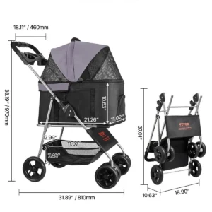VEVOR Pet Stroller, 35 lbs Weight Capacity, Foldable Dog Stroller Cart, 4 Wheels Cats Pram with Detachable Carrier & Mesh Windows, Portable Animal Carrier with Brake for Small to Medium Pets
